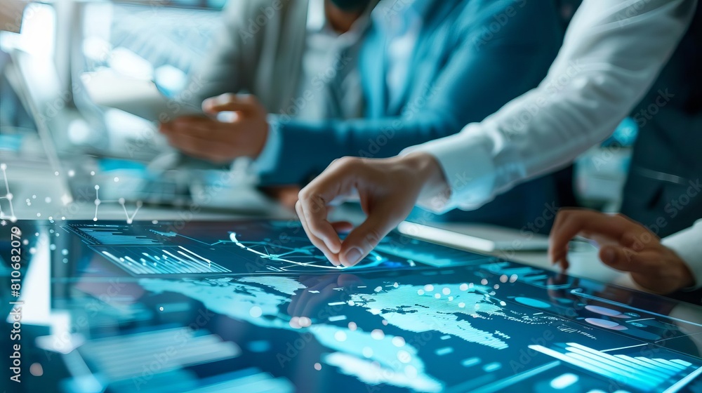 Business professionals collaborate over a digital interface, discussing global data or partnerships Business professionals collaborate over a digital interface, discussing global data or partnerships