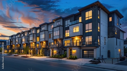 a row of townhouses at dusk. residential home in a modern development. modern building realistic photo