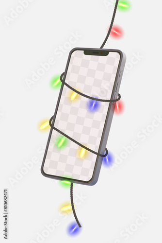 Realistic smartphone mockup with christmas colorful string lights wrapped around