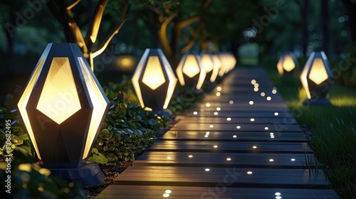 A row of modern, solar lanterns illuminating a garden pathway, each a different geometric shape, minimalistic realistic