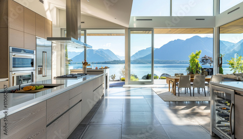 A large open kitchen with a view of the mountains and a lake by AI generated image