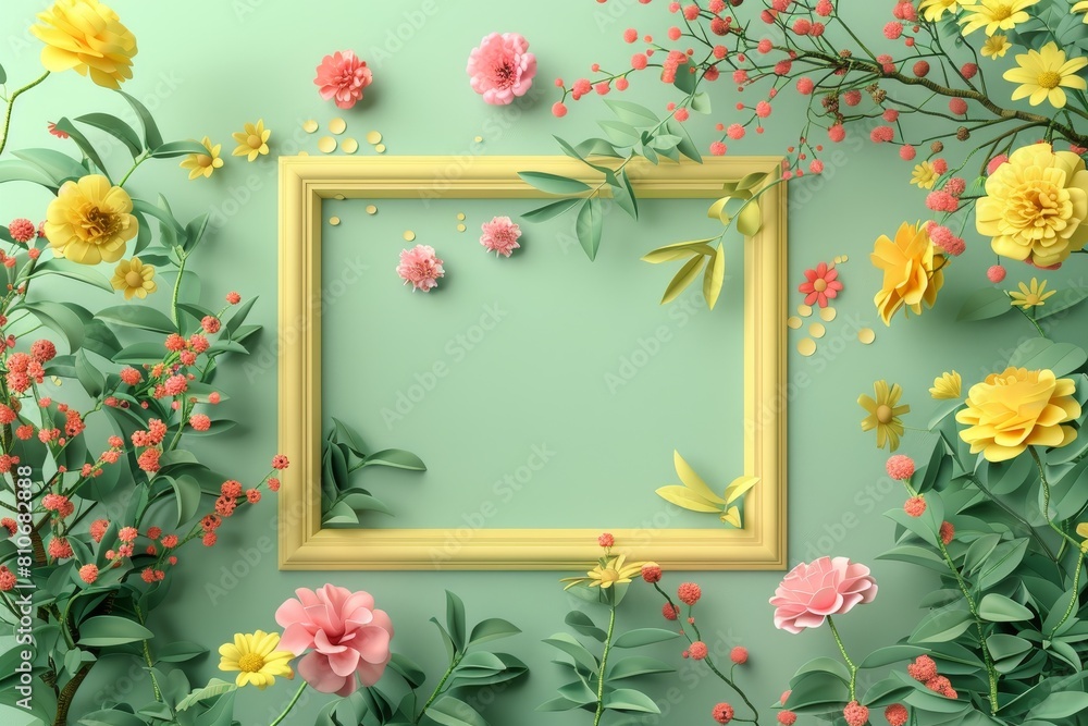 A frame of yellow flowers is surrounded by green leaves