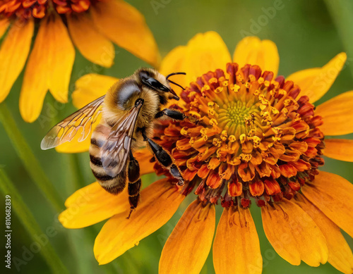 Bee (apis mellifera) on helenium flowers - close-up photo