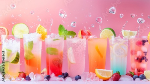 A row of colorful drinks with ice and fruit in glasses
