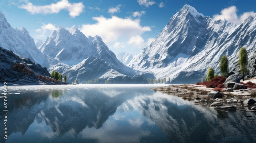 Majestic mountain range with snow-capped peaks Majestic mountain range with snow-capped peaks