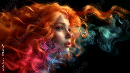 Portrait of a Woman with Flowing Fiery Hair and Smoke. Generative ai