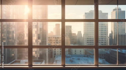 Sun-drenched office building windows overlooking a bustling cityscape  
