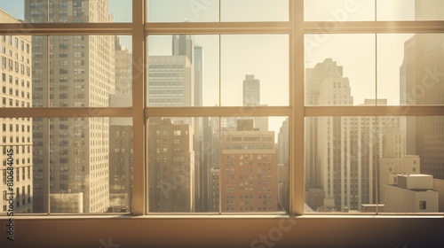 Sun-drenched office building windows overlooking a bustling cityscape  