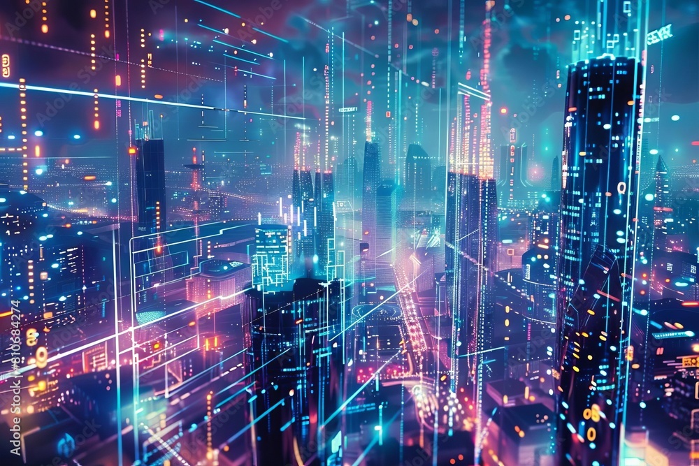 Futuristic cityscape with integrated digital networks