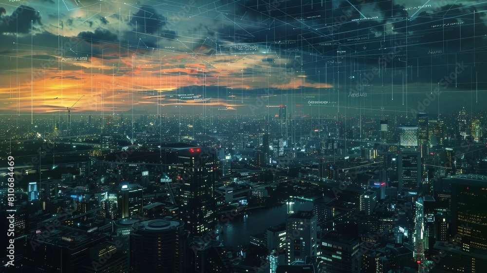 Fototapeta premium Global communications network visualized over a cityscape