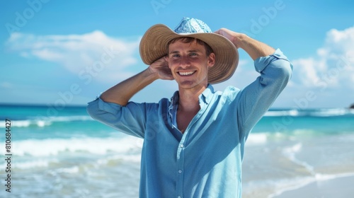 Man Holding Hat on Sunny Beach © Helen