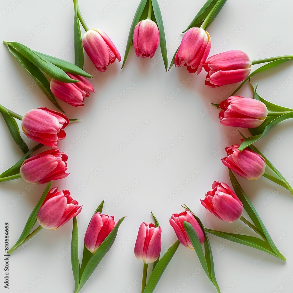 Circle of Pink and Red Tulips on a White Background. Generative ai Circle of Pink and Red Tulips on a White Background. Generative ai