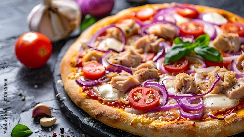 Bird's Eye View of Tuna Onion Pizza with Tomato Sauce and Mozzarella. Concept Food Photography, Pizza Recipe, Gourmet Cuisine, Delicious Homemade Dish Bird's Eye View of Tuna Onion Pizza with Tomato Sauce and Mozzarella. Concept Food Photography, Pizza Recipe, Gourmet Cuisine, Delicious Homemade Dish