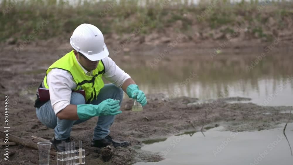 Environmental engineer Sit down next to a well and take a water sample to analysing check the quality and contaminants in the water source Environmental engineer Sit down next to a well and take a water sample to analysing check the quality and contaminants in the water source