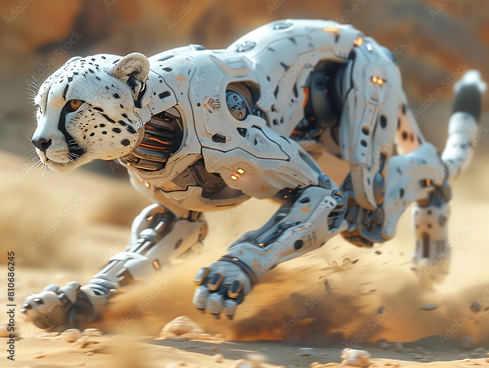 Capture the sleek, metallic sheen of a robotic cheetah mid-sprint, with dust particles frozen in the air, using a combination of CG 3D and photorealistic textures