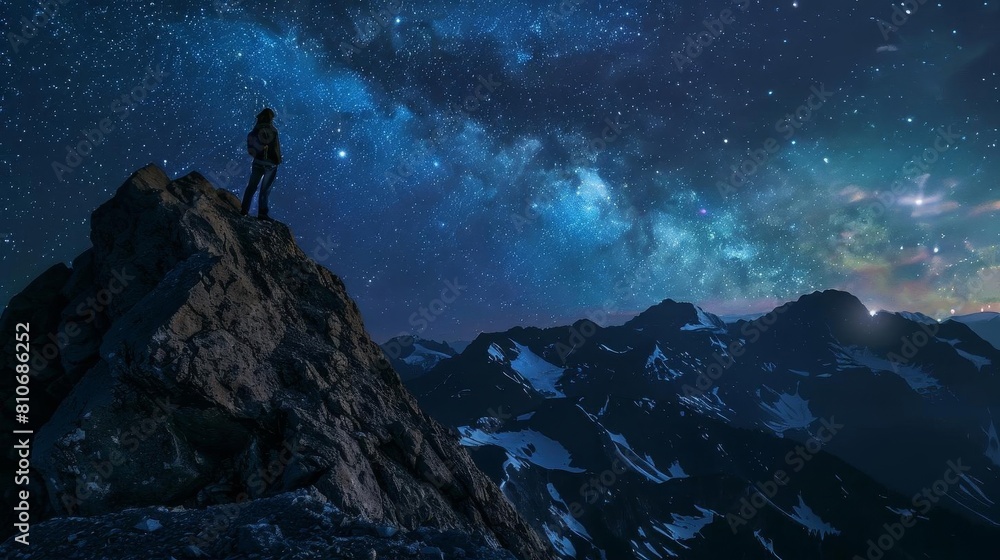 Photographer capturing a breathtaking mountainous nightscape Photographer capturing a breathtaking mountainous nightscape