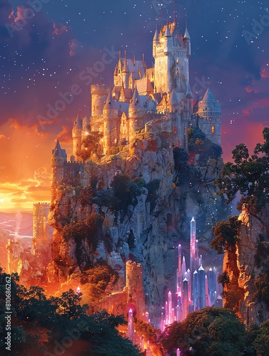Capture the majestic grandeur of a mythical castle rising above towering crystal trees, rendered in vivid watercolor hues, showcasing a worms-eye view perspective