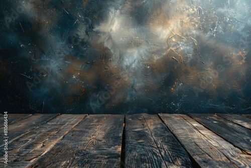 A wooden floor with a dark background and clouds of smoke. Created with Ai