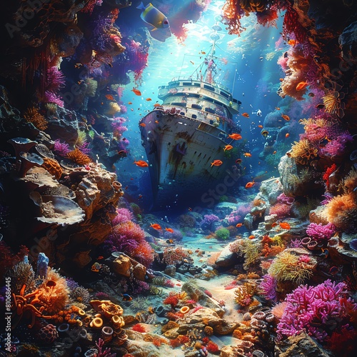 Dive into an underwater realm painted with vibrant corals and mysterious shipwrecks Capture the excitement of an underwater adventure with dramatic wide-angle views