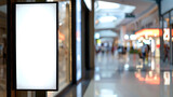 close-up of brightly lit digital advertising display busy shopping mall blurred shoppers background create dynamic environment highlighting display focal point in bustling retail space, mockup