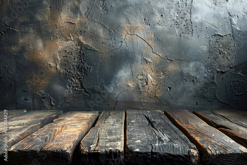 Background for product display with dark stone texture, wooden table. Created with Ai