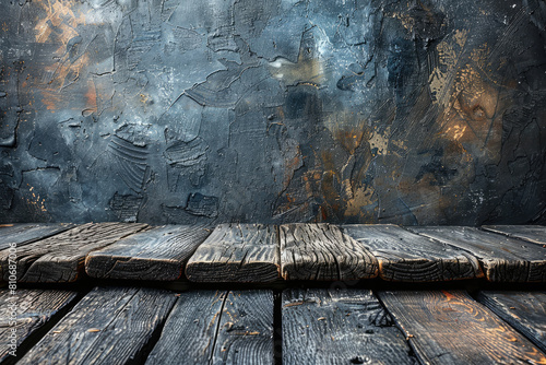 A wooden table with an empty space for product display, set against a backdrop of dark blue and gold wall paper. Created with Ai