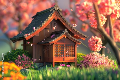 A small wooden house with a colorful flowers in the yard © Phuriphat