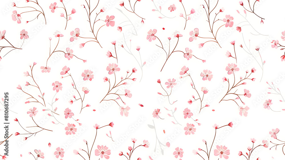 seamless pattern of pink cherry blossoms and tender branches spread over a soft white background. This graceful design is ideal for spring-themed fabric, wallpapers, and other decorative applications