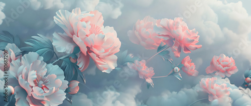 Dreamy Peonies Floating Among Clouds in Pastel Sky. Chinese abstract banner design. © GustavsMD