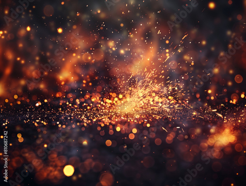 Abstract Spark Explosion with Glowing Particles. Dynamic close-up of sparks flying in a vivid explosion of light and particles, creating a fiery, energetic effect.
