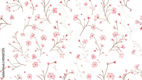 seamless pattern of pink cherry blossoms and tender branches spread over a soft white background. This graceful design is ideal for spring-themed fabric  wallpapers  and other decorative applications