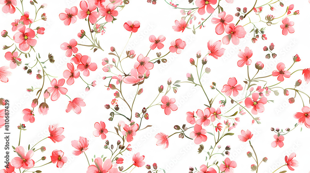 seamless pattern displays lush array vibrant pink flowers intertwined delicate greenery set against crisp white background lively romantic design fashion fabrics, wallpaper, and elegant home decor.