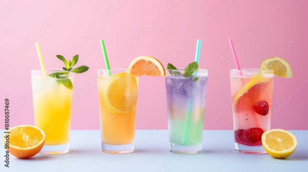 A row of glasses with different colored drinks in them A row of glasses with different colored drinks in them