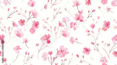 serene delicate pattern featuring soft pink cherry blossoms spread elegantly clean white background gentle romantic design tranquil atmosphere on fabrics, wallpapers, and various decorative projects. © Gita