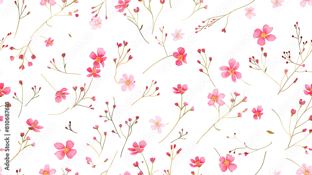 seamless pattern of delicate pink wildflowers dainty foliage gracefully spread over clean white background freshness simplicity elegant springtime textiles wallpapers delicate stationery items.