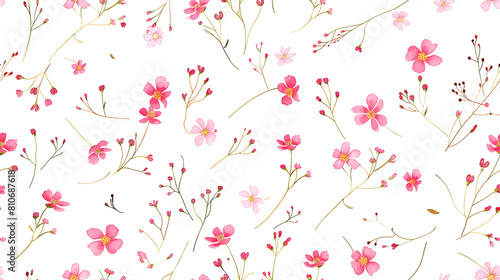 seamless pattern of delicate pink wildflowers dainty foliage gracefully spread over clean white background freshness simplicity elegant springtime textiles wallpapers delicate stationery items. photo