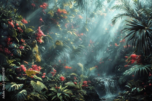 Intricate jungle wallpaper featuring paleoart  showcasing an ancient utopian environment with vibrant wildlife. 