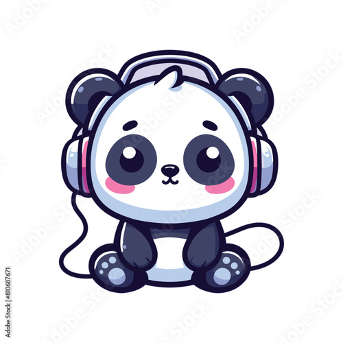 Cute panda listening to music with headphone vector cartoon illustration