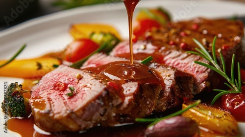 Grilled steak with sauce and vegetables. Close-up food photography.