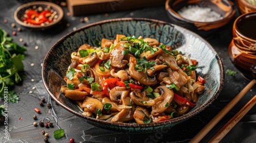 Stir-fried chicken and mushrooms in soy sauce