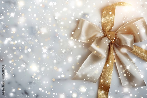 White background with a solitary gold ribbon bow Christmas. Generative Ai