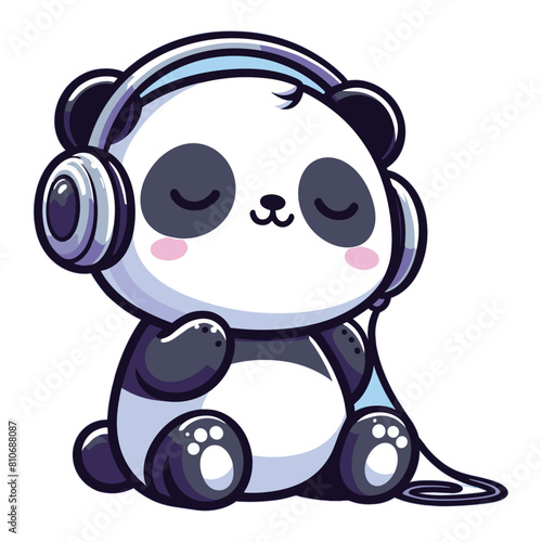 Cute panda listening to music with headphone vector cartoon illustration