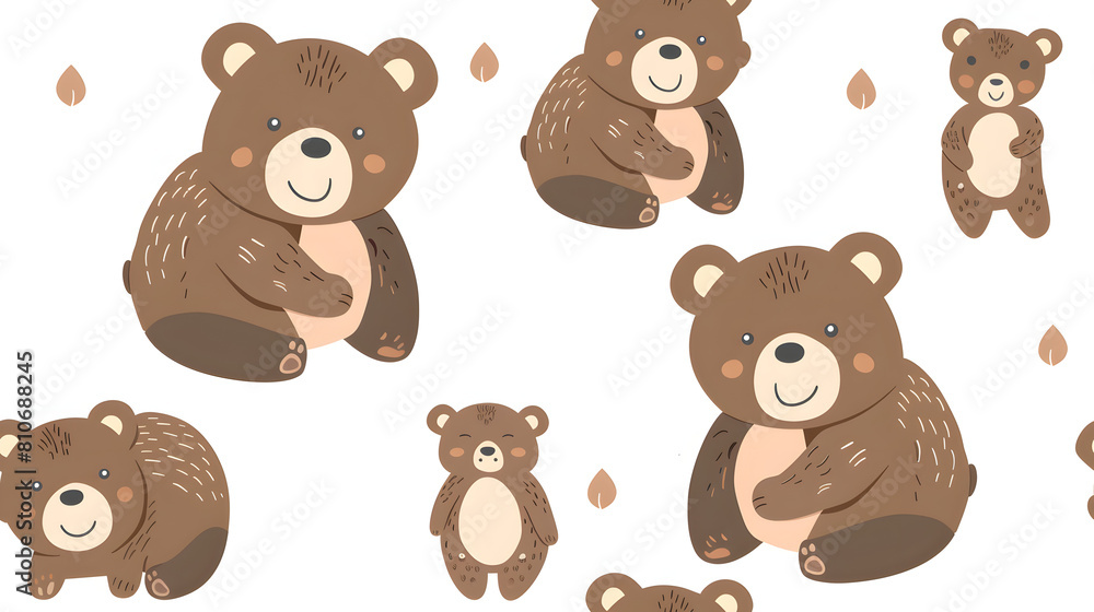 Fototapeta premium delightful seamless pattern features adorable cartoon bears in various poses with scattered foliage children's apparel, wallpapers, or fabric designs warm tones