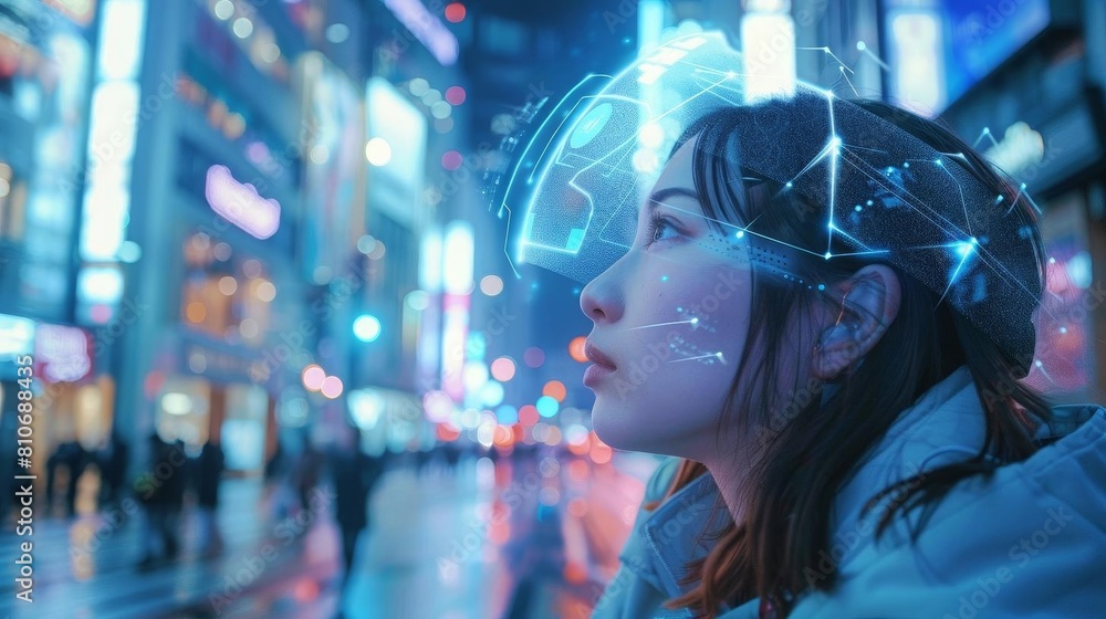 Young woman using advanced neural interface technology in an urban setting Young woman using advanced neural interface technology in an urban setting