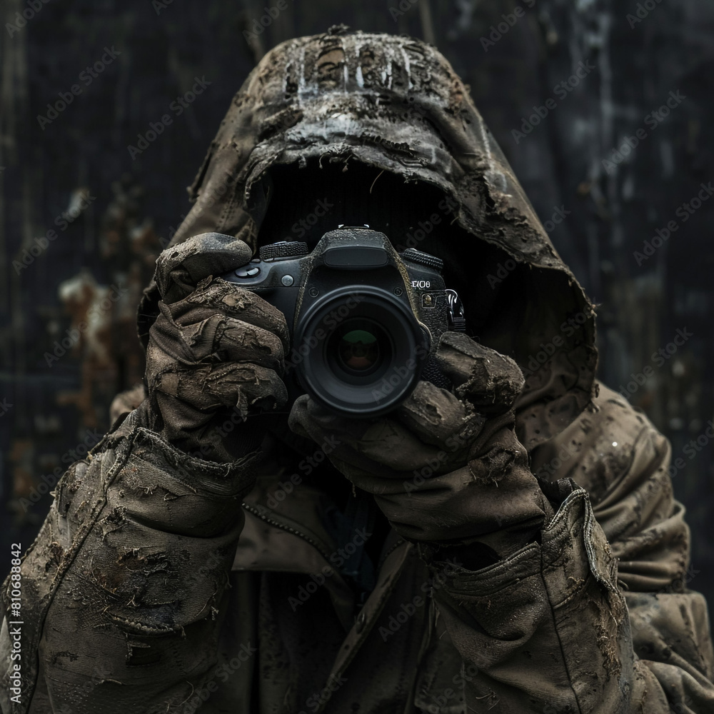 A black and white photo of a person in a tattered cloak with a hood pulled low over their face. They are holding an old camera to their right eye and the background is out of focus.

