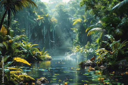 Mysterious jungle scene with lush foliage and diverse wildlife  an art nouveau masterpiece in paleoart style.