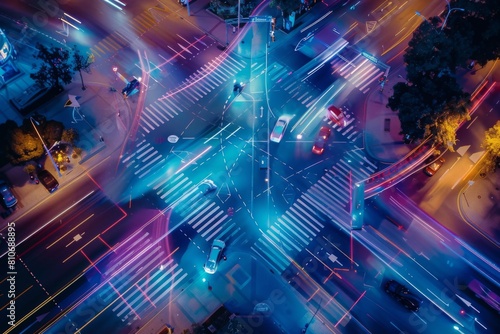 Aerial view of a futuristic smart city intersection at night, featuring illuminated digital connections representing data flow and technology.
