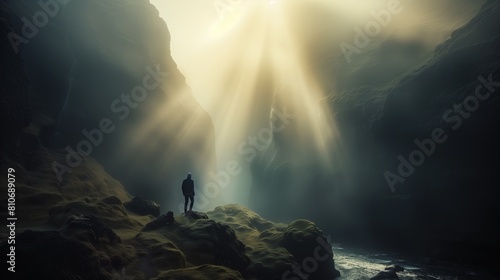 Osoba stojąca na skale w jaskini, oświetlona przez światło wpadające z wejścia do groty