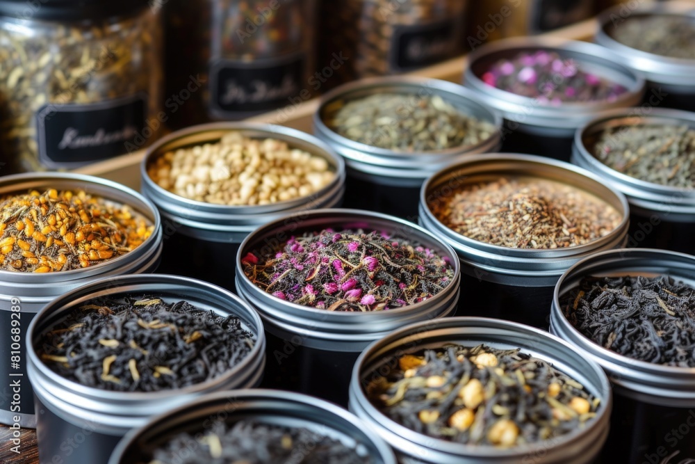Variety of Loose Leaf Teas and Herbal Blends in Tin Containers Variety of Loose Leaf Teas and Herbal Blends in Tin Containers
