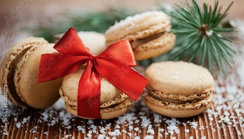 Close up of macarons with red bow